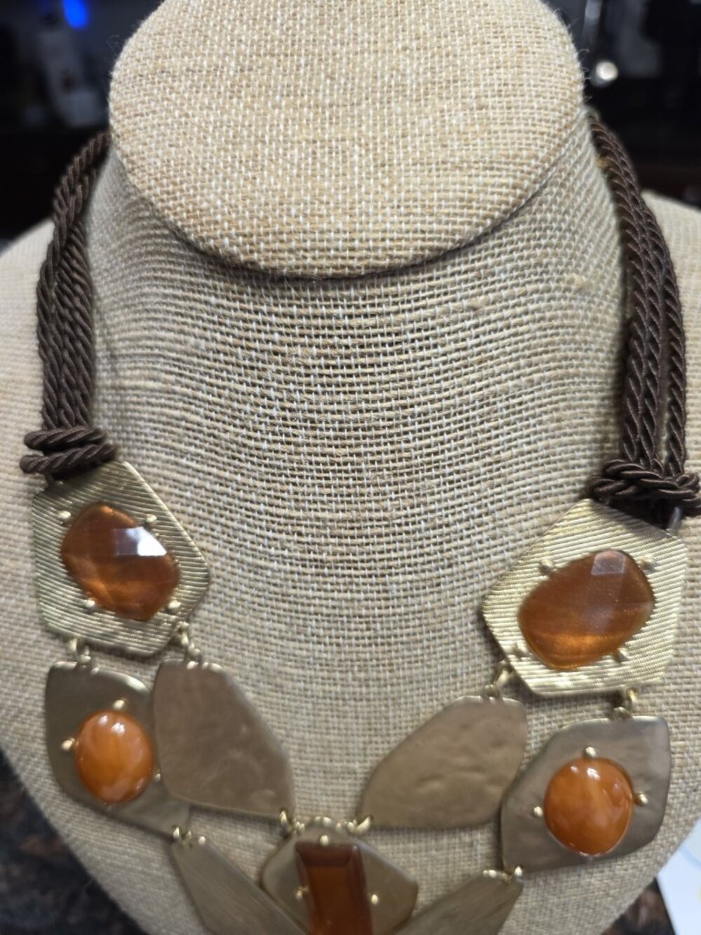 Chicos Statement Necklace Amber Color Acrylic Stones Gold Tone Brown Woven Cord - Picture 4 of 8